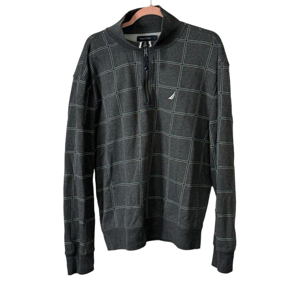 Nautica Men’s XL Gray & White Line Pullover 1/4 Zip Mock Neck Sweater Classic